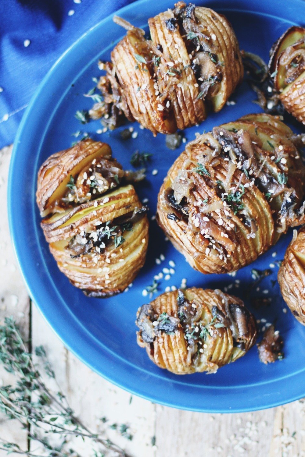 Roasted Hasselback Potatoes with Sweet Figs, Caramelized Onion and Mushroom