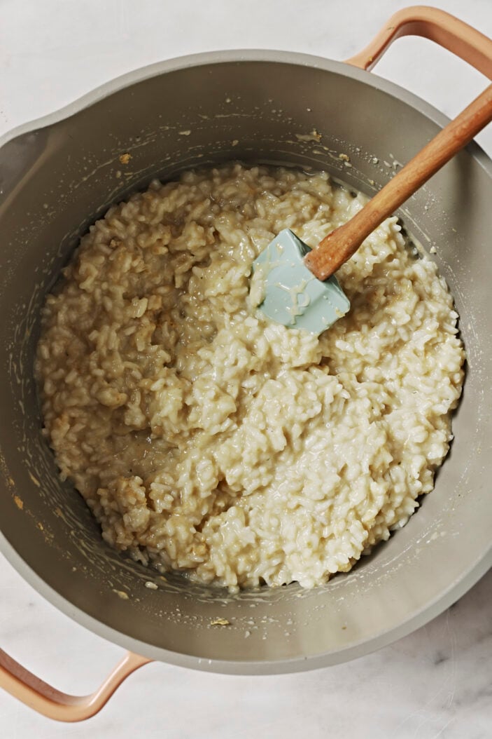 Pot of thickened and ready to eat risotto