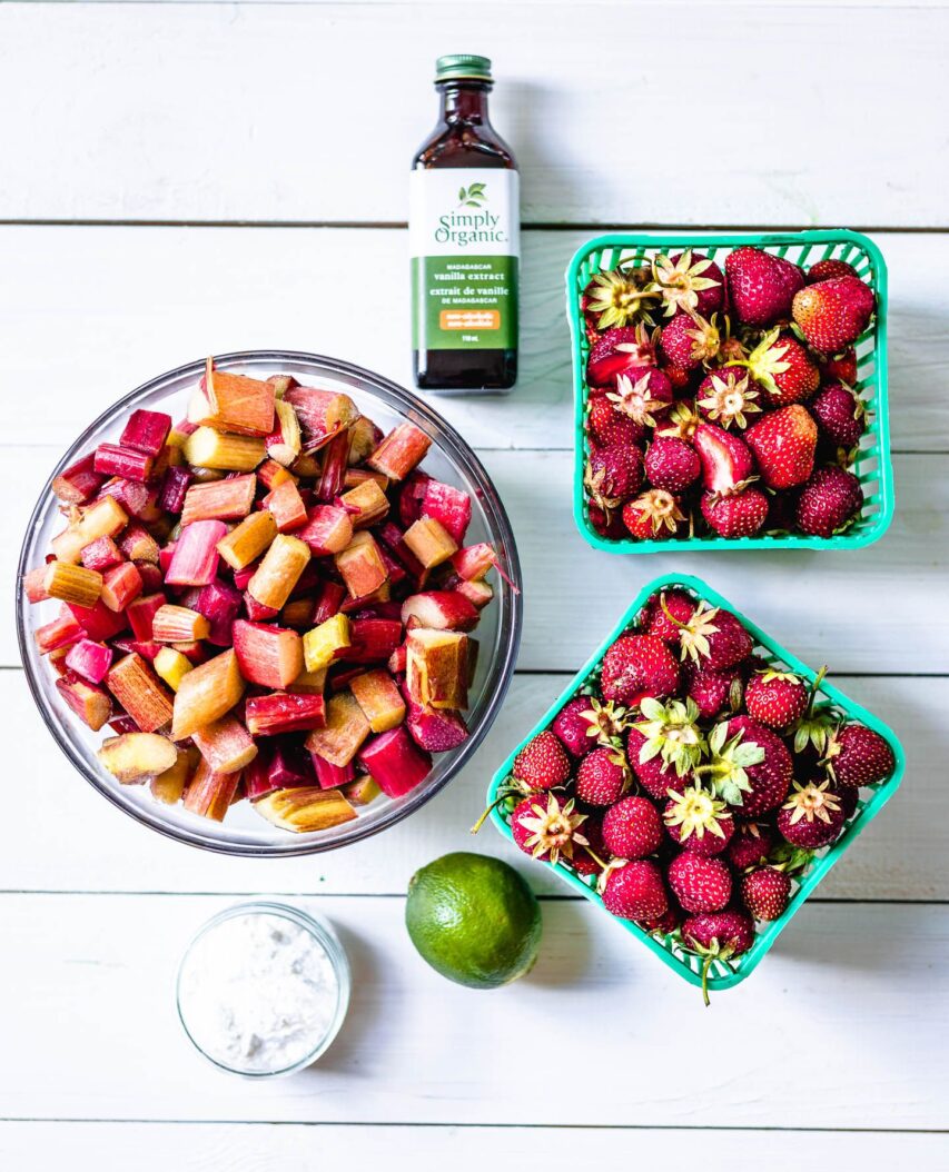 Strawberries, rhubarb, lime and vanilla extract - which are all used to make the crumble filling.