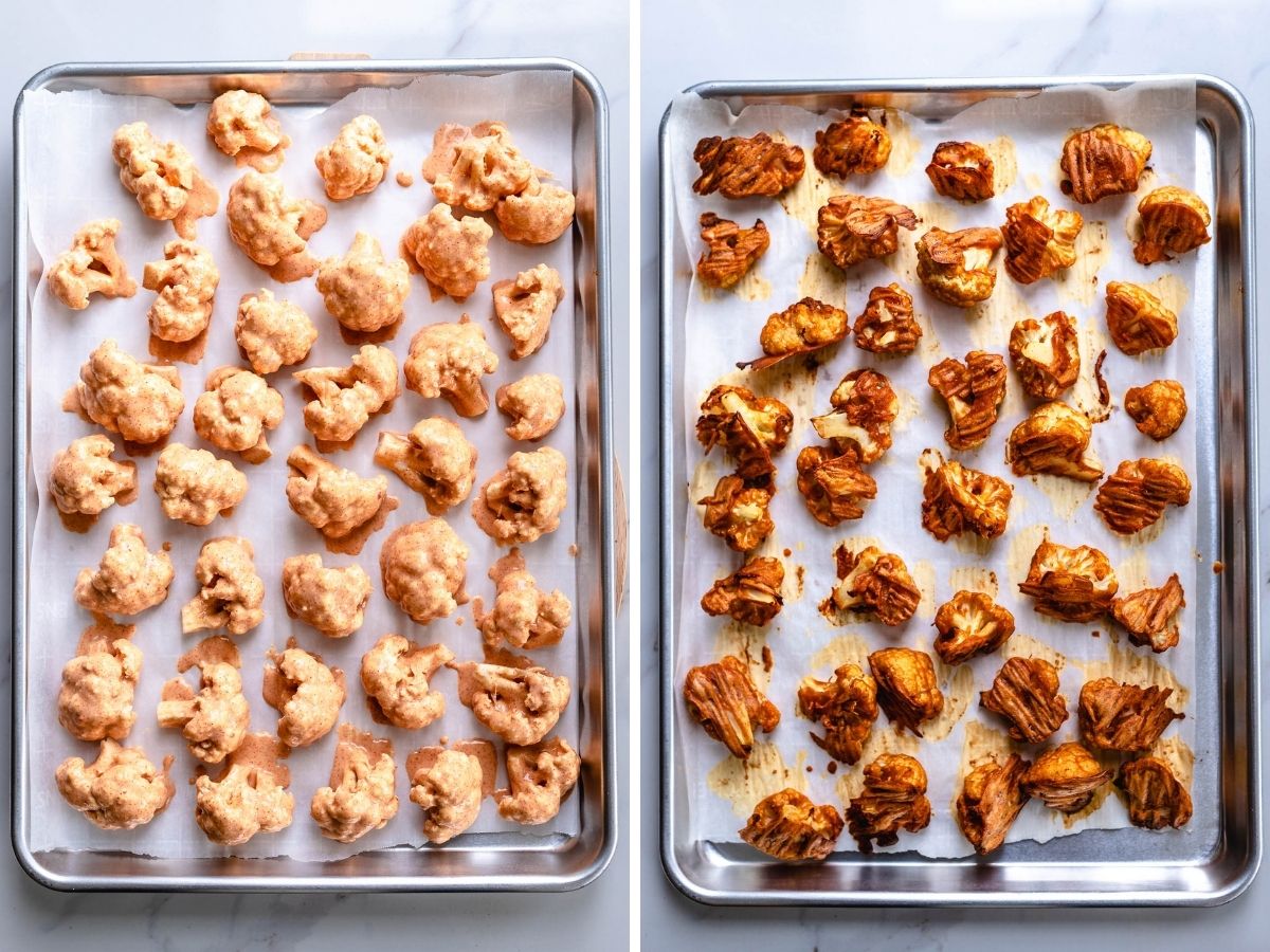 battered cauliflower placed on a parchment lined baking sheet, spread out and ready to be baked. Followed by an image of what they look like when baked.