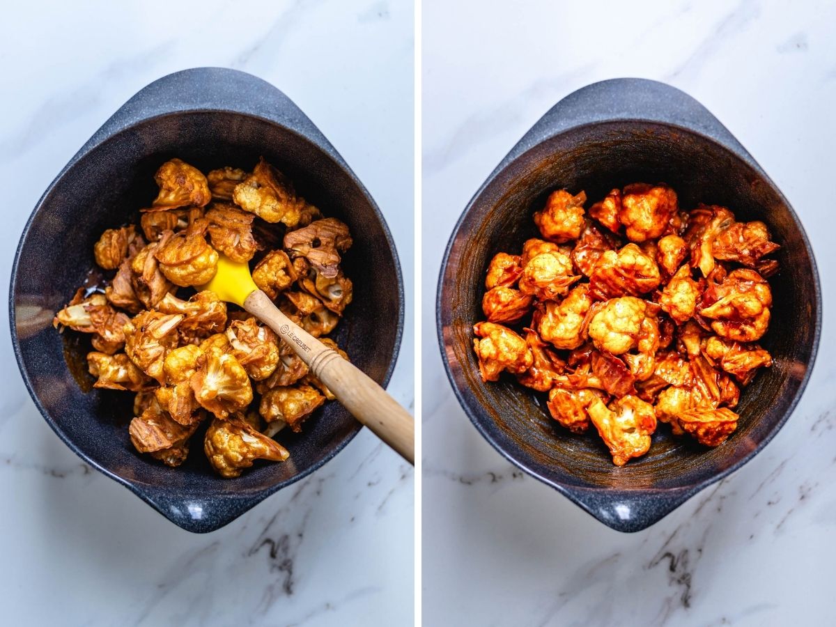 Image of the baked cauliflower wings being tossed in the buffalo sauce.