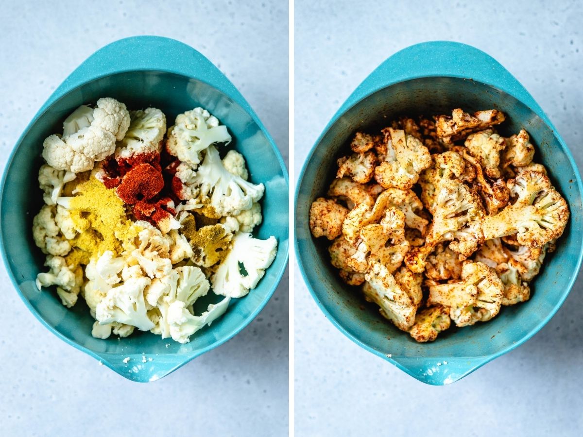 seasoning the cauliflower for roasting