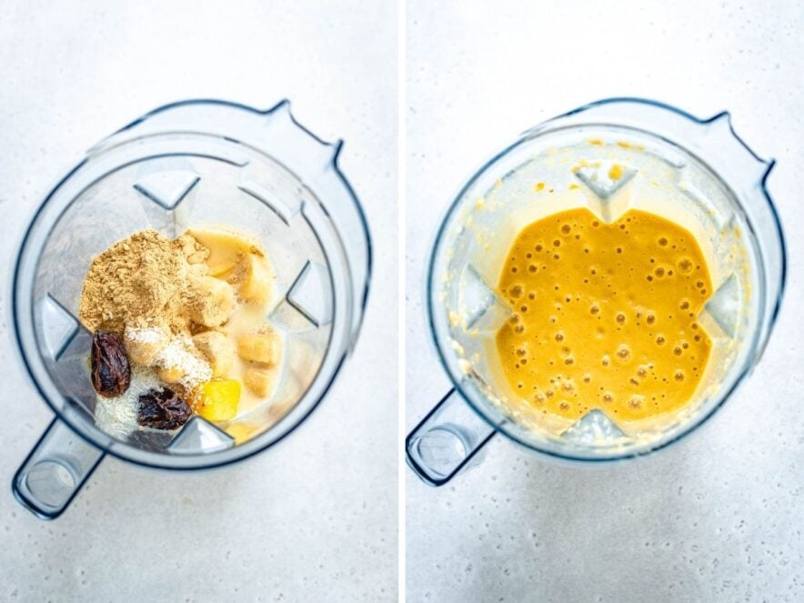 all the ingredients for making a pina colada smoothie in a blender container followed by an image of it blended and smooth.