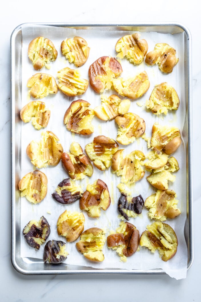 Smashed Mini Potatoes - Le Chef's Wife