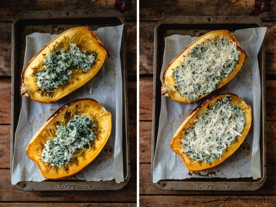 Spaghetti squash stuffed with the creamy cheesy filling ready to be baked for the second time. Then showcasing the spaghetti squash baked for the second time and ready to eat.