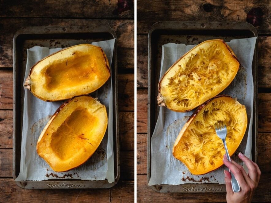 Image of cooked spaghetti squash first flipped cut side up and then an image of the fork scooping out the spaghetti like inside.