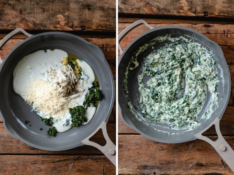 Image of the ingredients for the cheesy filling in a skillet ready to be cooked.