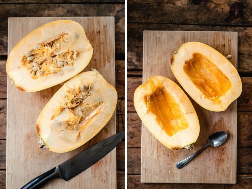 spaghetti squash cut in half showing the flesh side up. Then beside it is an image of the seeds that have been scooped out with a spoon. The squash is sitting on a wood cutting board.