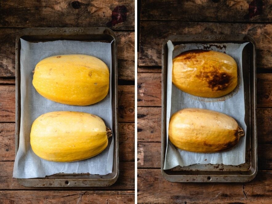 cut spaghetti squash laid on a parchment lined baking tray face down and ready to be baked.