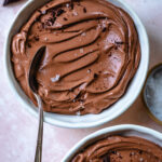 vegan chocolate mousse close up in a white bowl with a silver spoon